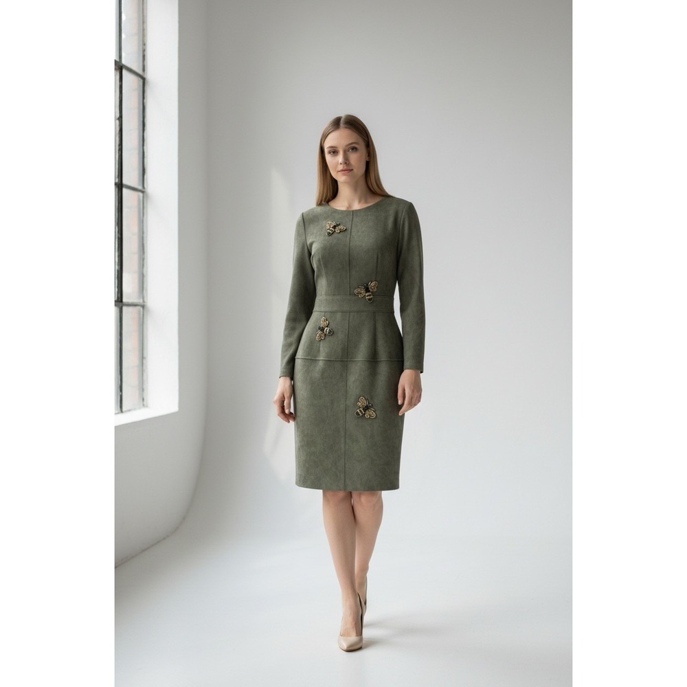 Dabuwawa XL Olive Green Faux Suede Bee Embellished Sheath Pencil Dress